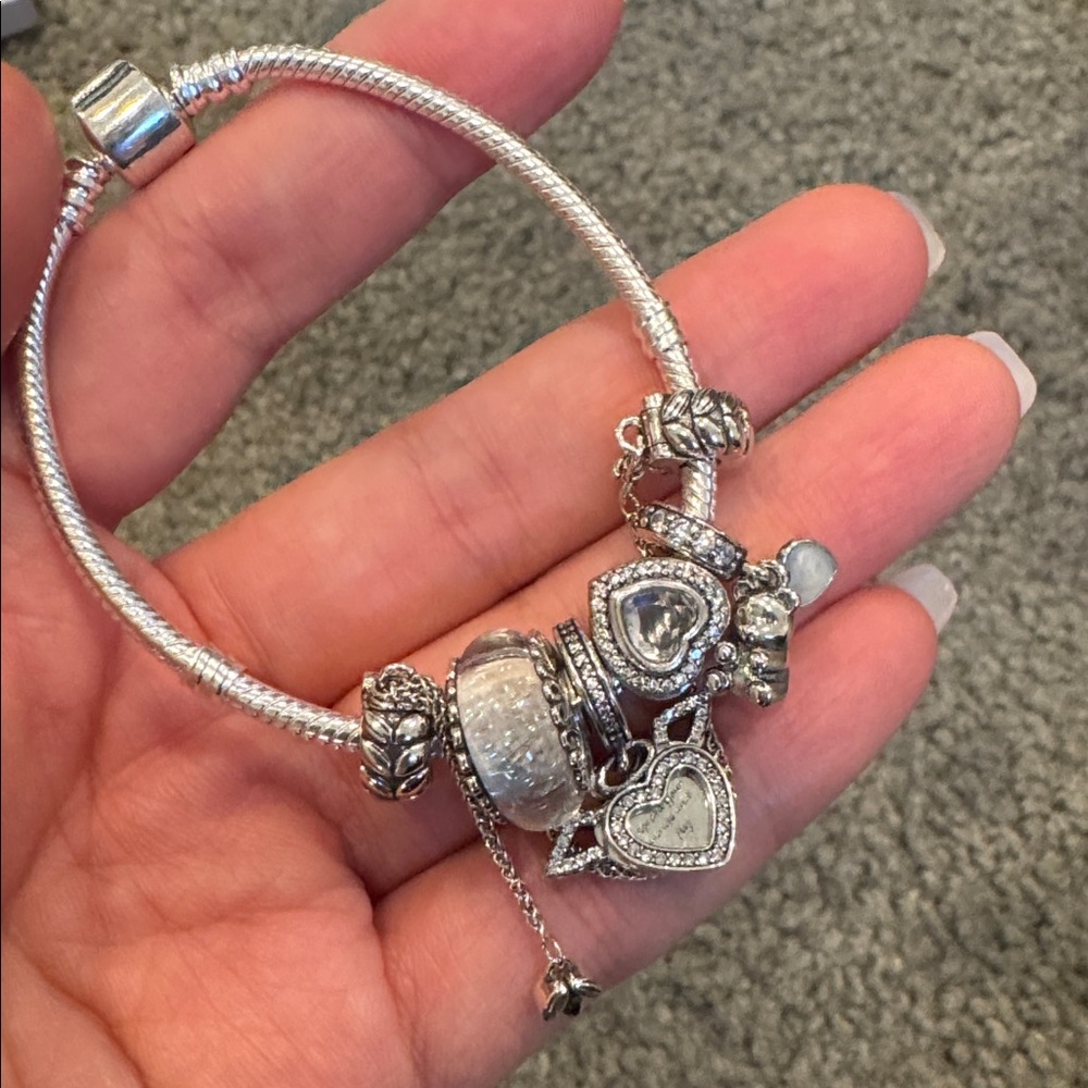 Silver Charm Bracelet with Heart Accents